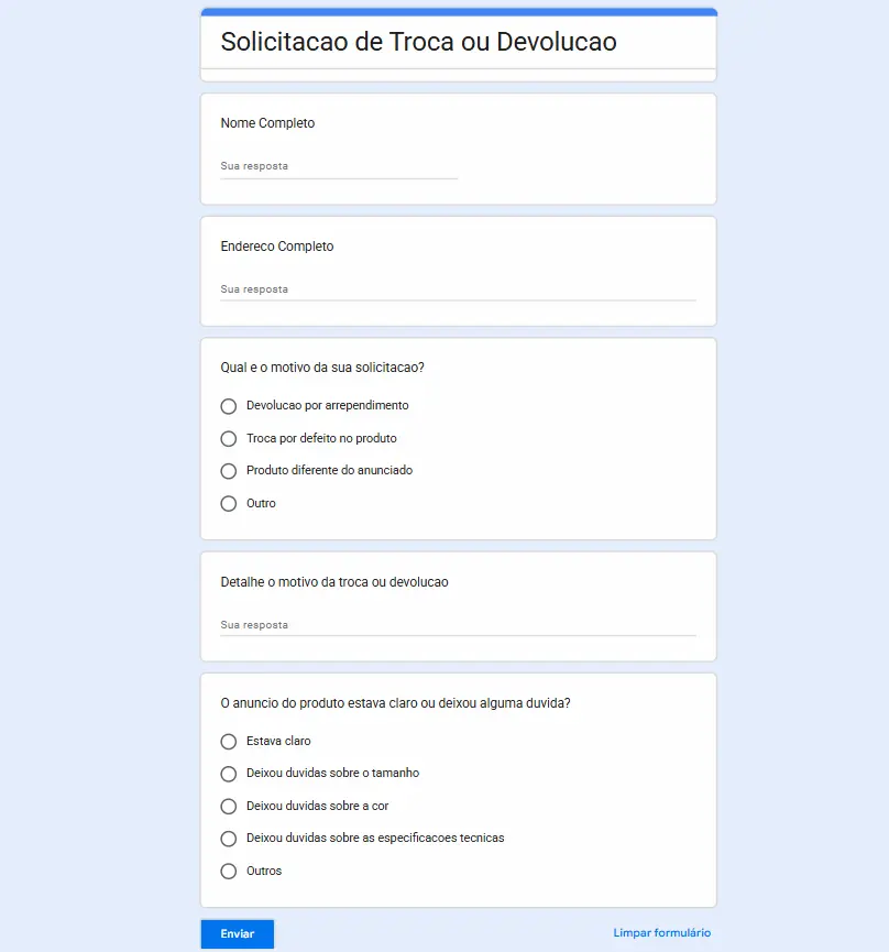 Captura da tela do Google Forms