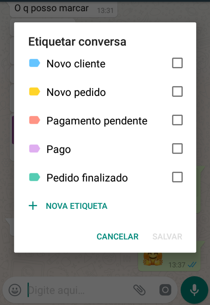 imagem mostra a função "etiquetar conversas" do whatsapp business