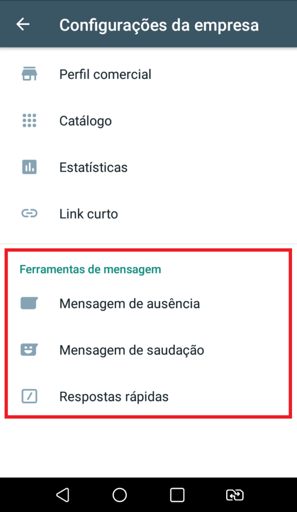 print do whatsapp business mostra os 3 tipos de mensagens automáticas configuráveis no aplicativo