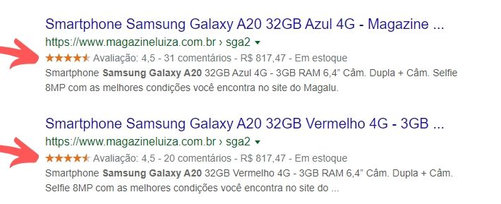 print exibe dois exemplos de rich snippets sendo usados em estratégias de SEO para loja virtual