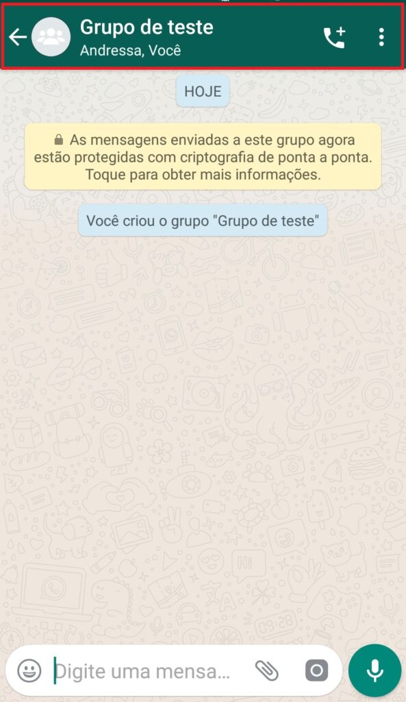 visualização de um grupo de teste criado no whatsapp
