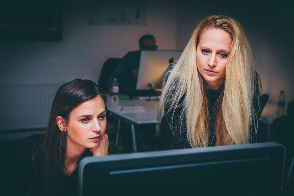 Duas mulheres analisando computador