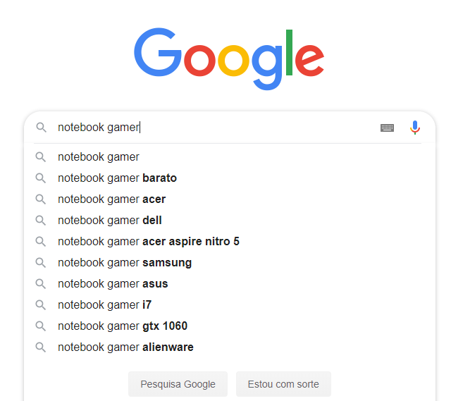 Buscador "Google" exibindo sugestões para pesquisa "notebook gamer"