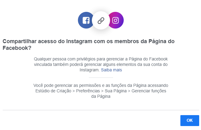 clique "Ok" na tela de "compartilhar acesso do Instagram com página do facebook"