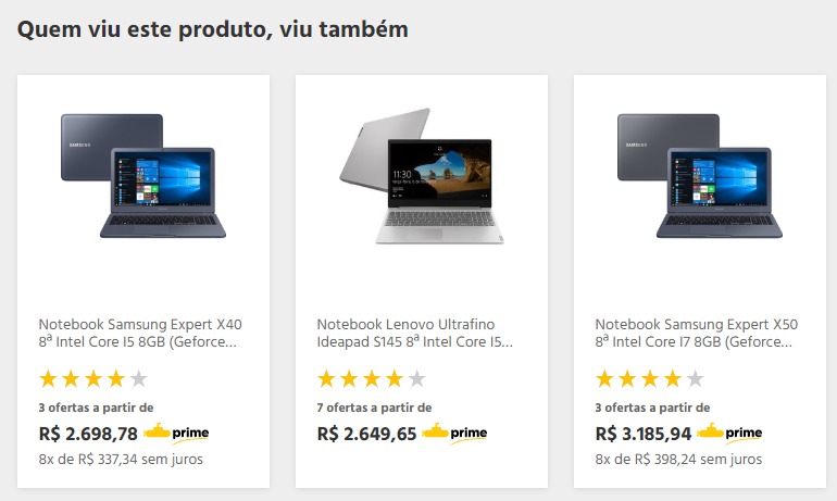 exemplo mostra notebooks em vitrine de produtos relacionados no site do submarino