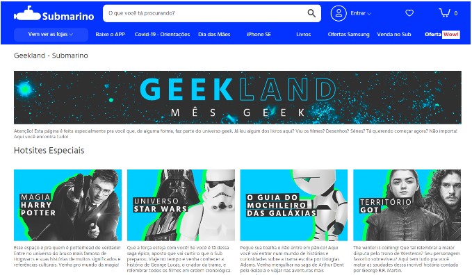 Tela da página do submarino com banner Geekland 