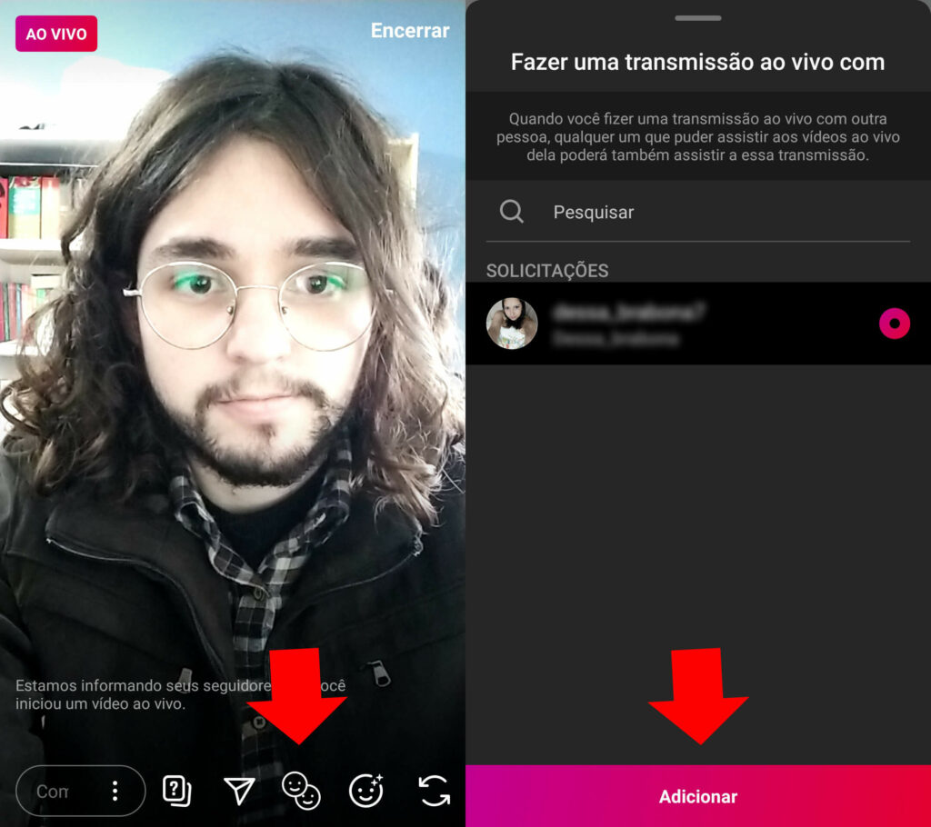 homem branco de cabelos compridos e óculos de grau mostrando como fazer live com duas pessoas no Instagram