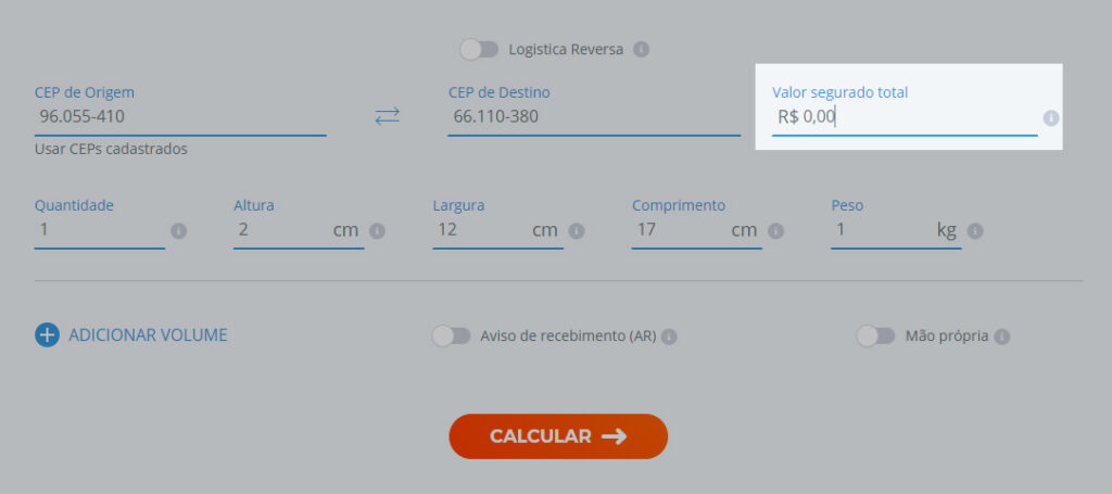 imagem da calculadora de fretes do melhor envio destaca o campo "valor segurado total"