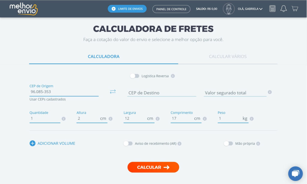 Calculadora de fretes do Melhor Envio simplifica a cotação de frete.