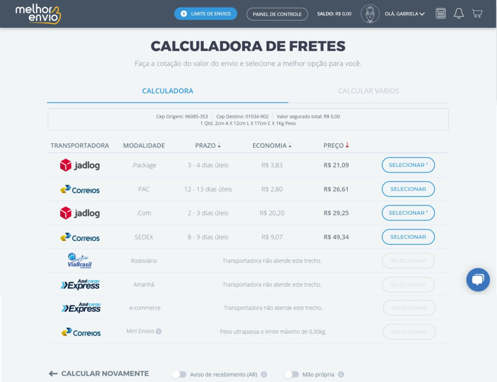 Calculadora de fretes do Melhor Envio permite cotação simultânea com diferentes transportadoras.