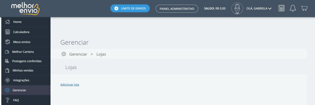 Crie seu perfil empresarial acessando o painel de controle do Melhor Envio.