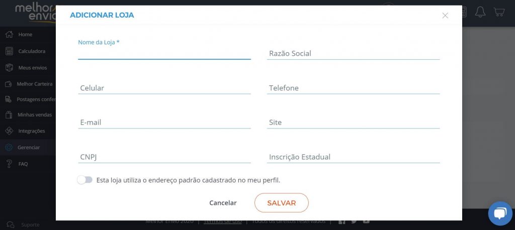 Preencha o campo para criar um perfil de loja no Melhor Envio