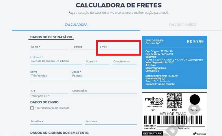 tela de dados do destinatário no melhor envio