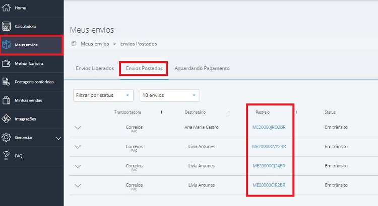 envios postados no melhor envio