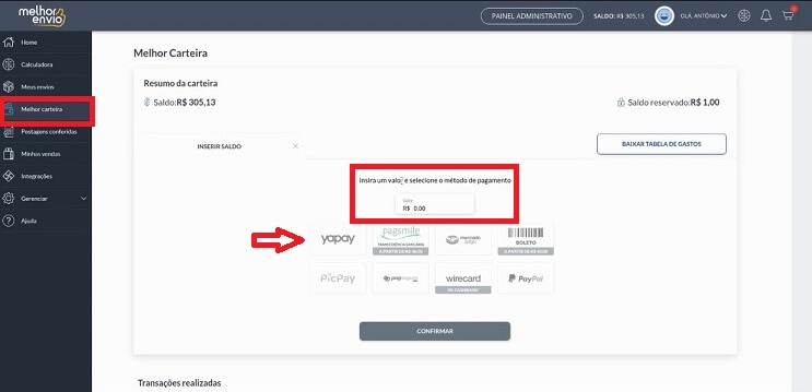 yapay inserir saldo no melhor envio print de tela da plataforma