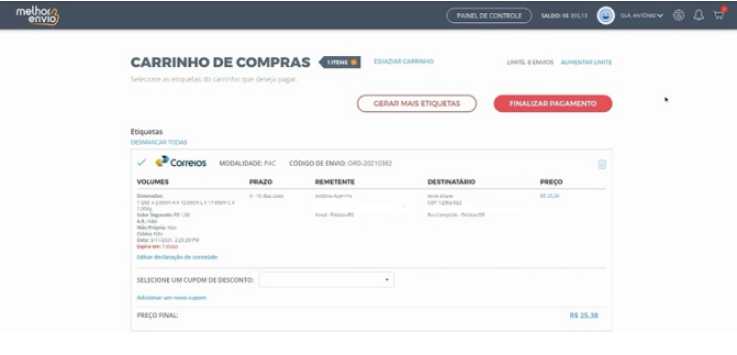 Carrinho de compras de etiquetas do Melhor Envio aguardando pagamento 