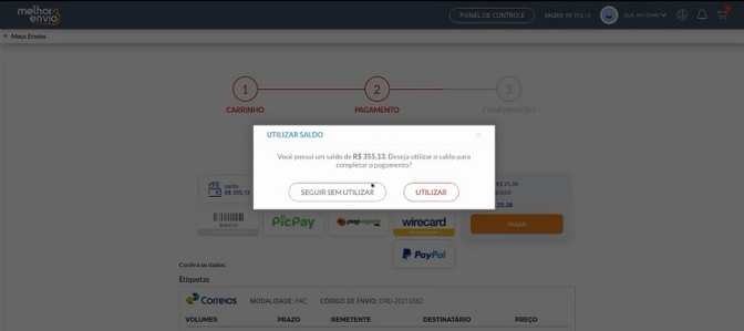 Aviso de saldo disponível para completar pagamento