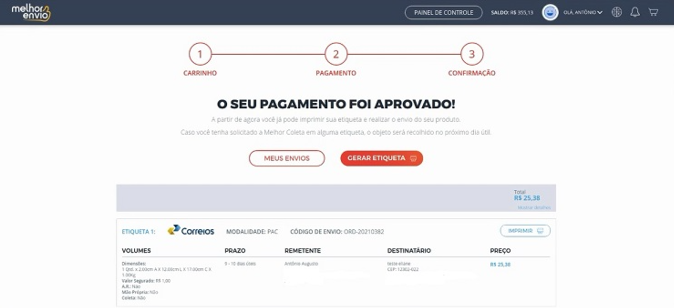 Pagamento aprovado. clique em "Gerar Etiqueta".