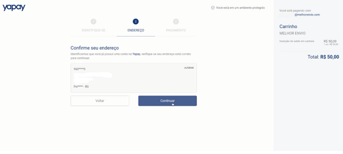 Confirme seu endereço e clique em "continuar" ou "voltar"