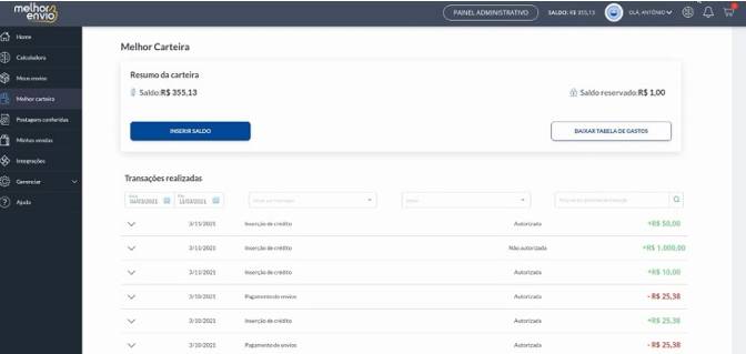 Saldo disponível na "Melhor Carteira" do Melhor Envio