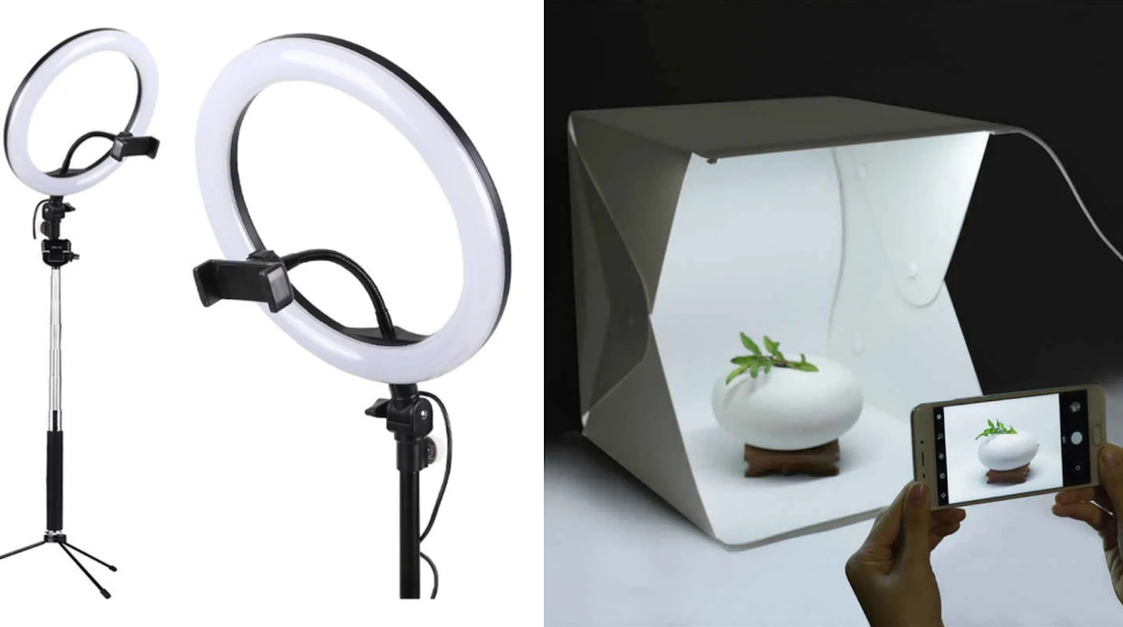 Anel de luz (à esquerda) e mini estúdio (à direita) são objetos baratos que podem ajudar a melhorar a qualidade das suas fotografias tiradas com o celular.