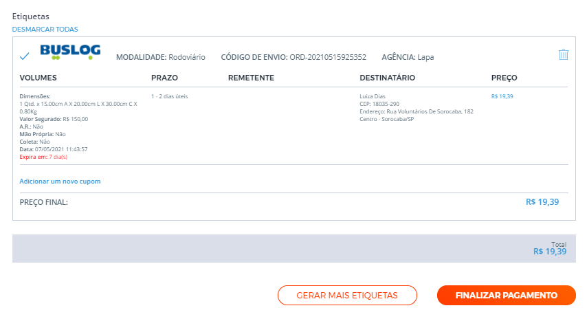 cheque as informações antes de emitir a etiqueta de frete do Melhor Envio