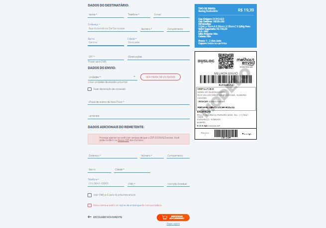 etiqueta de frete da Buslog contratada pelo Melhor Envio
