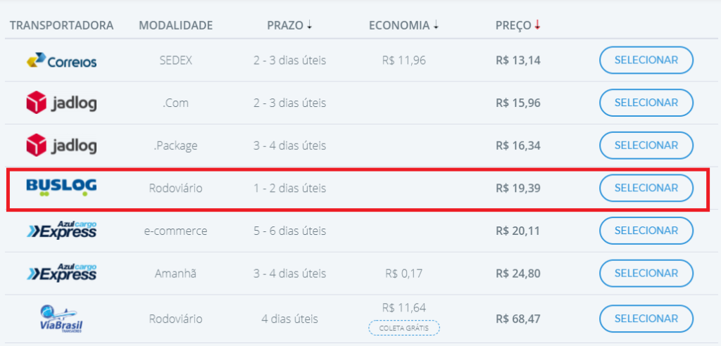 Frete da Buslog na calculadora do Melhor Envio