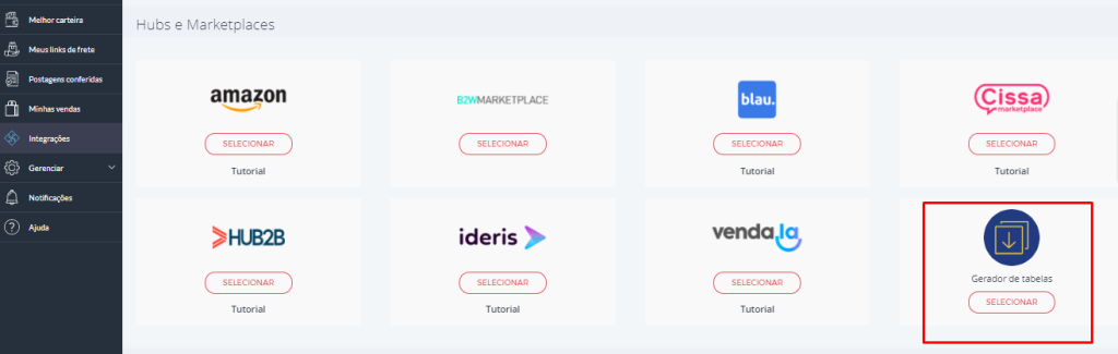 Tela de integrações do Melhor Envio