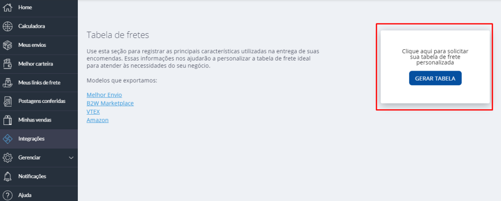 tela inicial para geração de tabela de frete do Melhor Envio