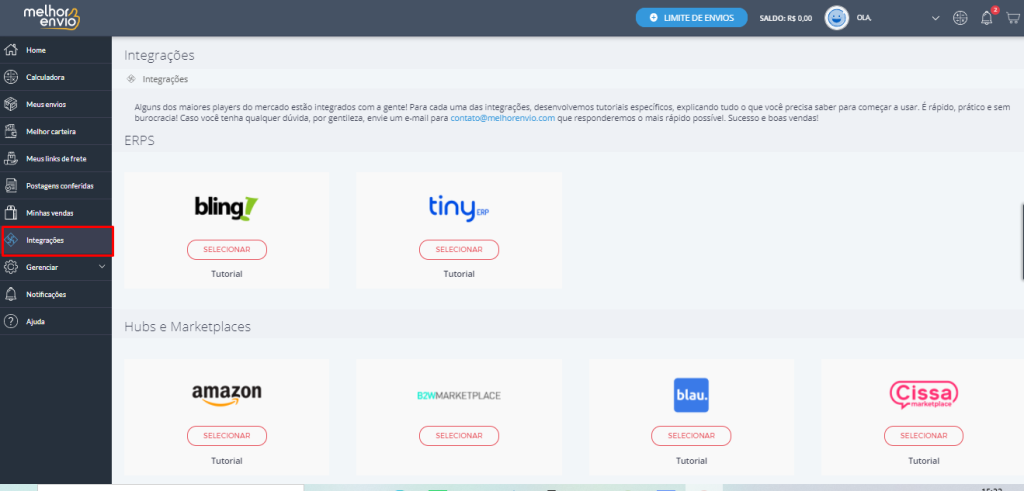 Tela com as integrações disponíveis no Melhor Envio