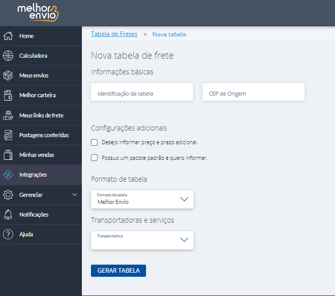 tela de configurações da tabela de frete do Melhor Envio
