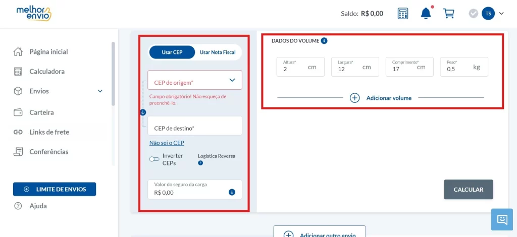 Campos a serem preenchidos na calculadora do Melhor Envio
