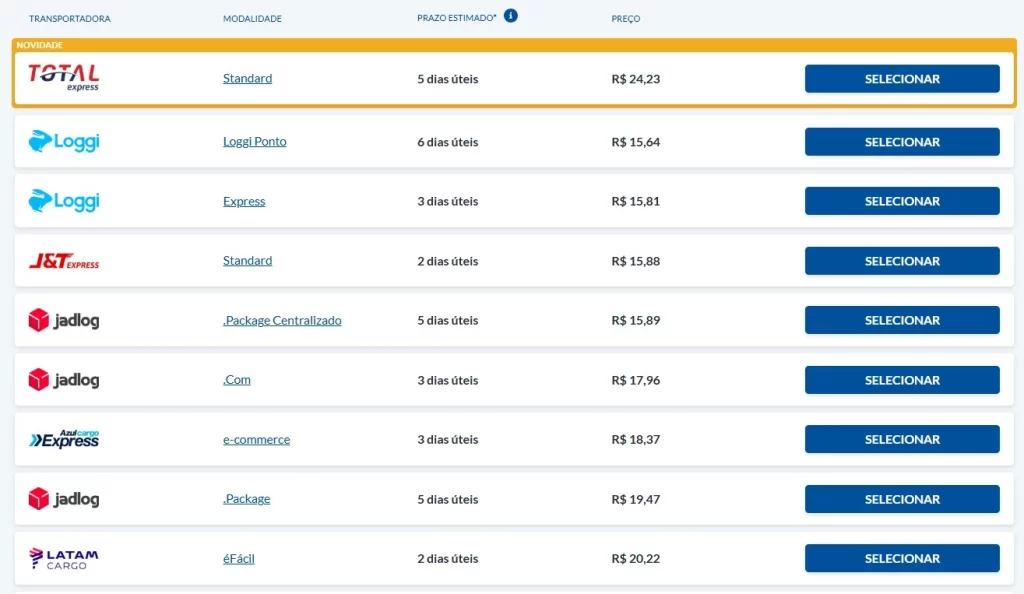 Resultados de transportadoras disponíveis após cotação de frete no Melhor Envio