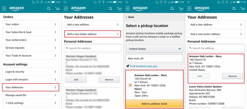prints da tela do aplicativo da amazon com o objetivo de mostrar como os smart lockers podem ser adicionados como endereços para retirada de mercadorias