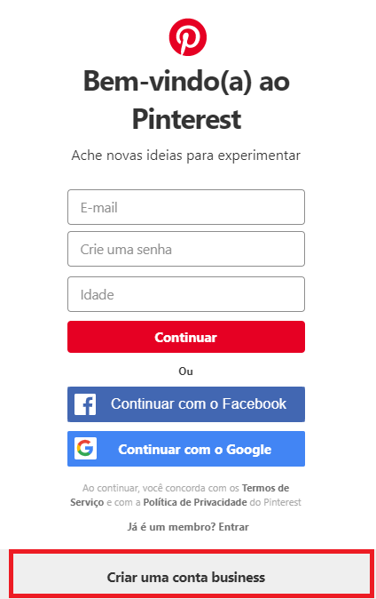 imagem criar conta no pinterest business