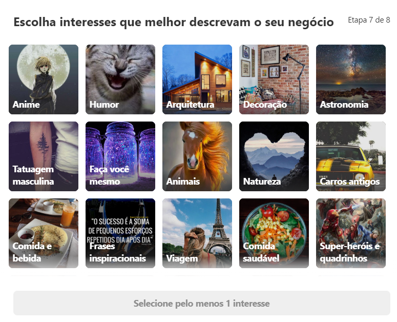 tela de interesses do pinterest