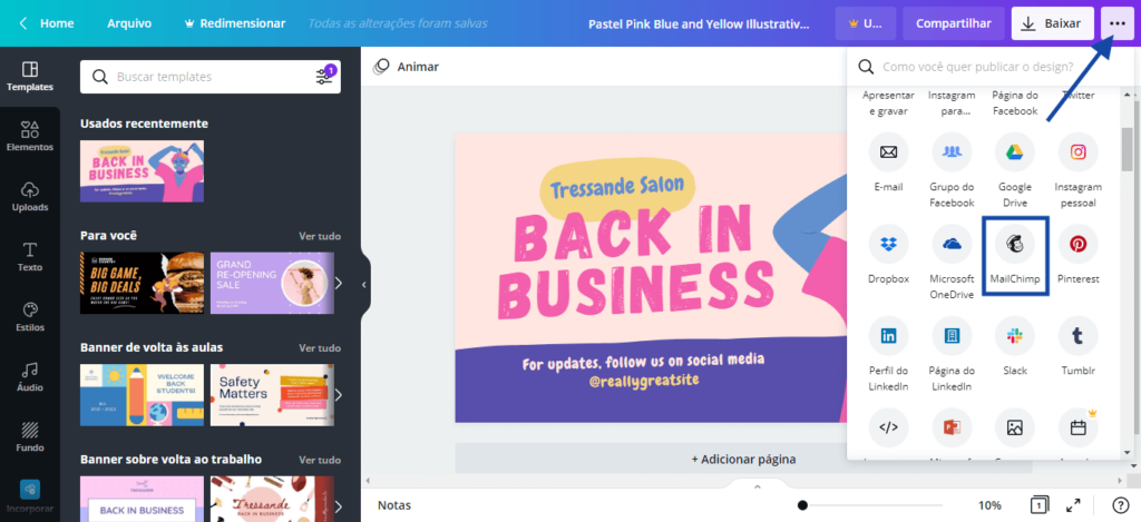 clique nos três pontos ao lado de "Baixar" e selecione a "MailChimp"