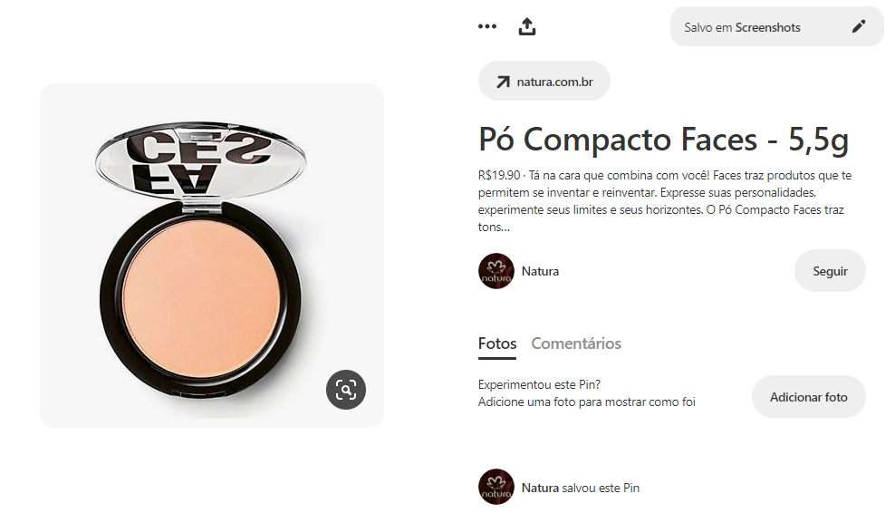 exemplo de produto com preço no pinterest