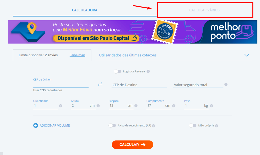 Aba Calcular Vários fretes de uma vez