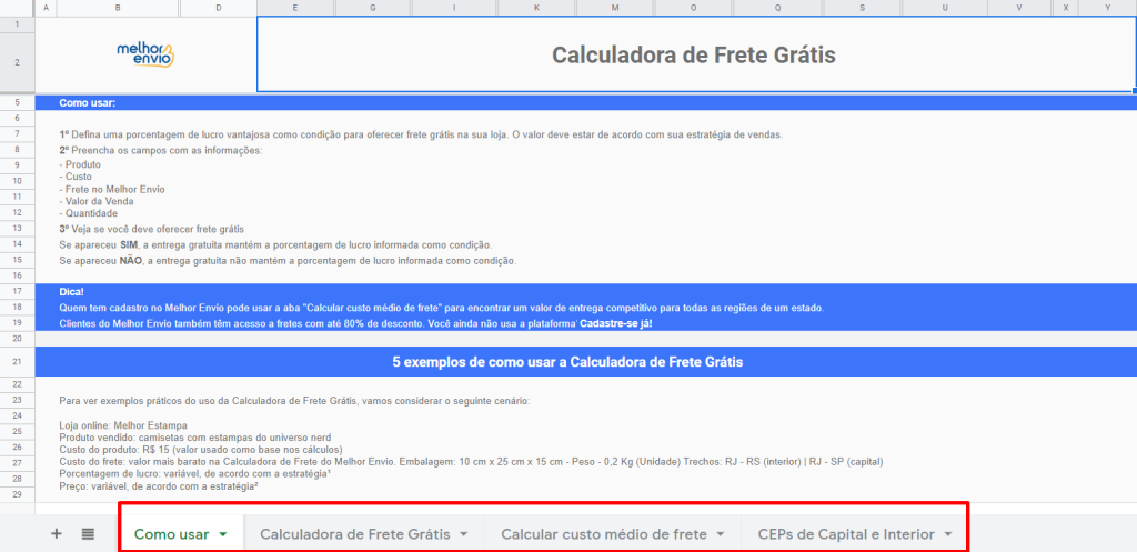 primeira aba da Calculadora de Frete Gratis