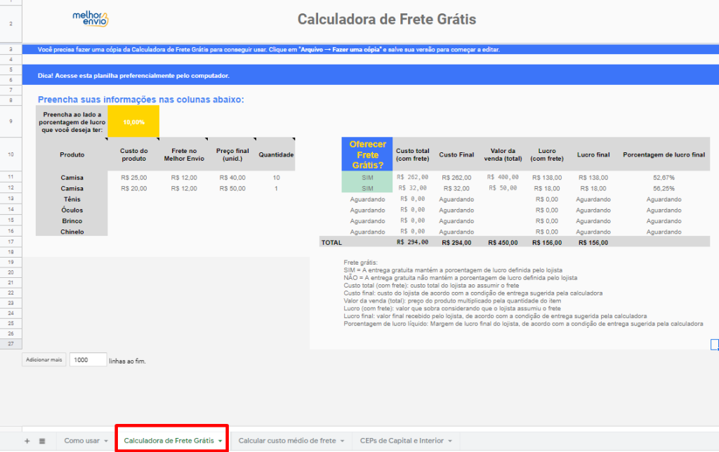 como calcular frete gratis