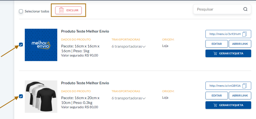 Selecione os produtos que deseja excluir
