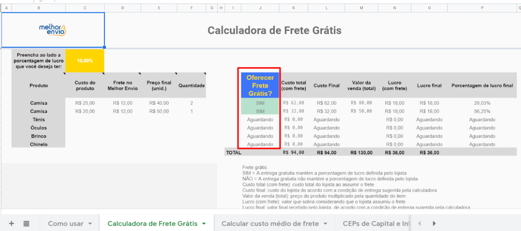 segunda aba da Calculadora de Frete Gratis