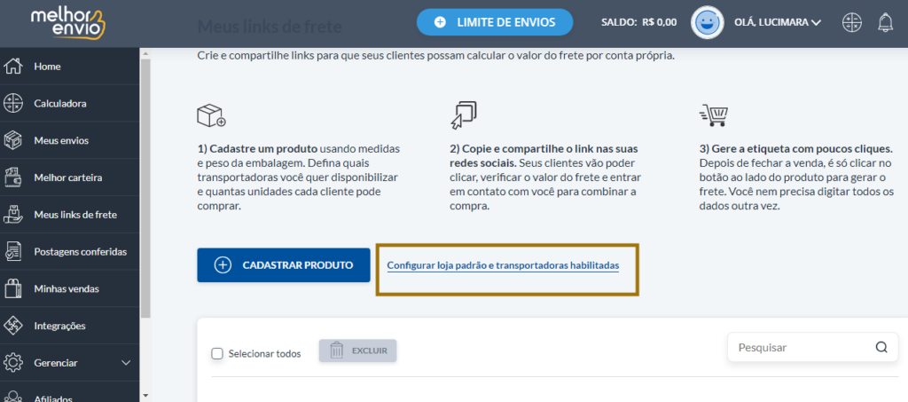 cadastrar serviços padrões Melhor Envio