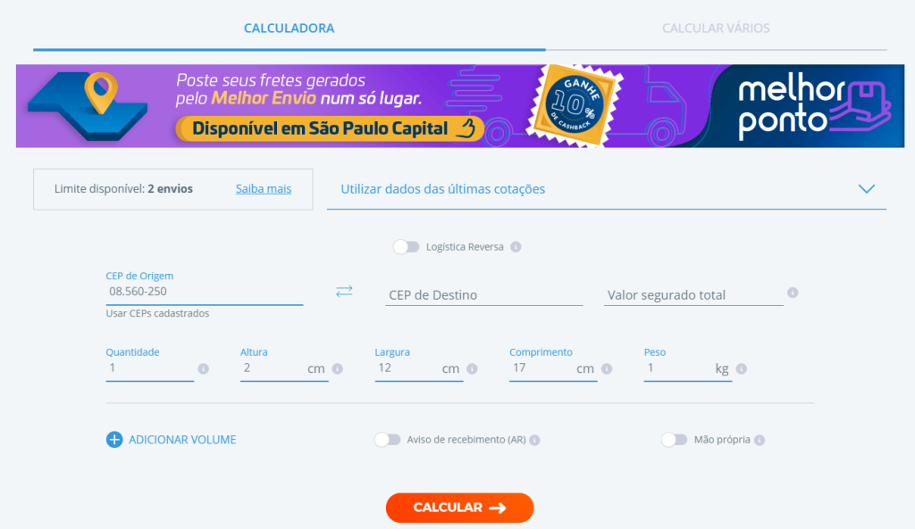 Calculadora de Frete do Melhor Envio