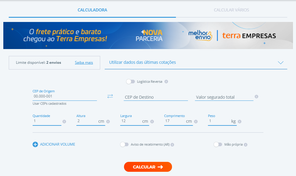 Calculadora de frete, informando cep de origem e destino, valor segurado, quantidade e dimensões da encomenda