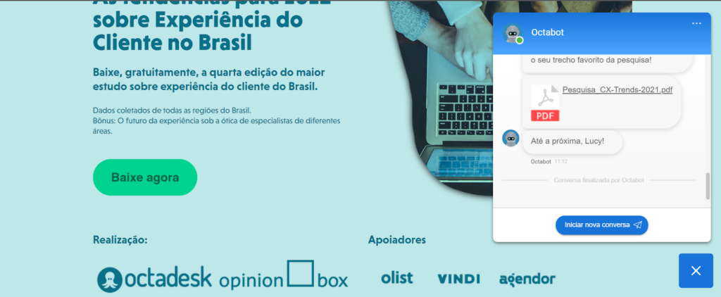 Exemplo de um chatbot configurado para baixar PDF no site da Octadesk.