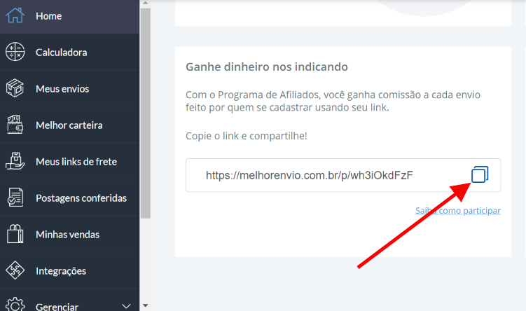 copiar link do programa de afiliados melhor envio