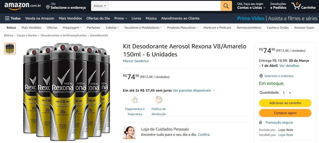 tela de kit desodorante aerosol Rexona V8/amarelo 150 ml - 6 unidades na Amazon